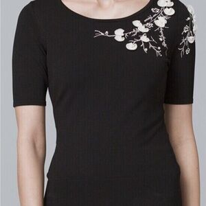 White House Black Market Black Top with White Floral Detail